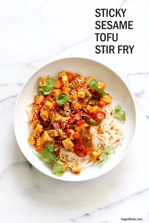 Sticky Ginger Sesame Tofu and Veggie stir fry with vermicelli or maifun noodles. Easy weekday Dinner. Vegan Gluten-free nut-free Recipe. Use chickpeas or more veggies to make Tofu-free | VeganRicha.com