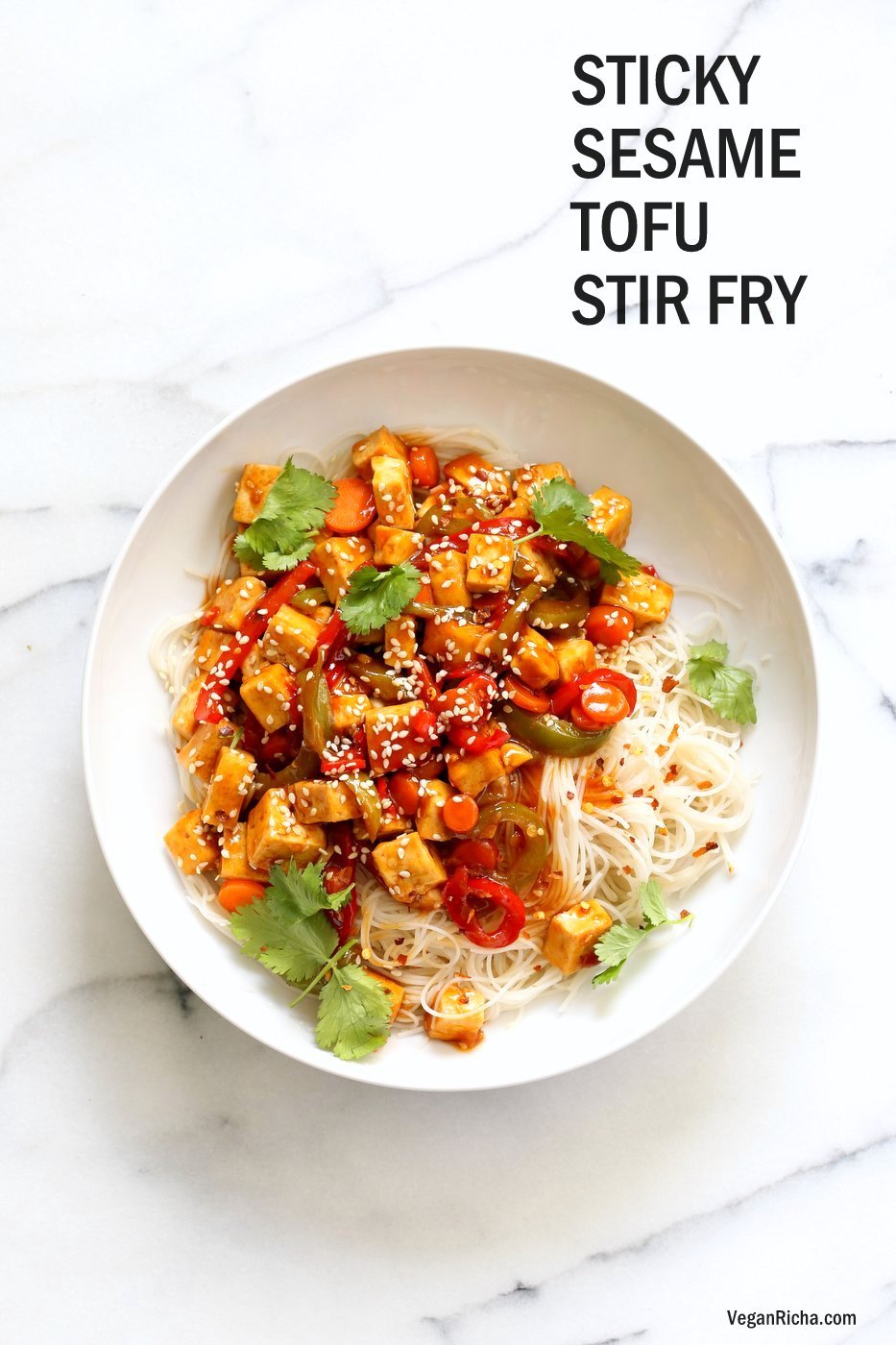 Sticky Ginger Sesame Tofu and Veggie stir fry with vermicelli or maifun noodles. 1 Pot Easy weekday Dinner. 30 Minute Vegan Gluten-free nut-free Recipe. Use chickpeas or more veggies to make Tofu-free | VeganRicha.com