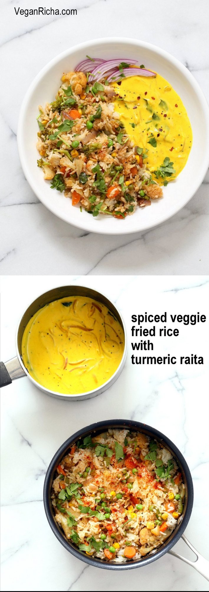 Indian Spiced Masala Veggie Fried Rice with Turmeric Onion Raita. Use up the leftover rice or grains to make this quick spiced fried rice and serve with a simple yogurt raita that is spiced with turmeric and mustard seeds. #Vegan #Glutenfree #Soyfree #Indian #Recipe #veganricha | VeganRicha.com