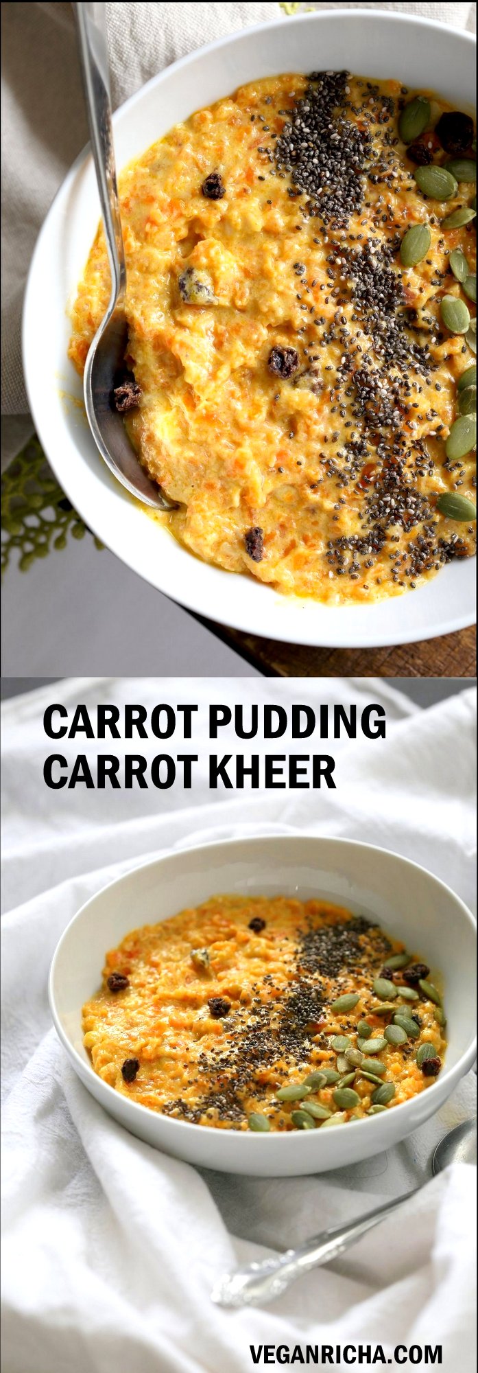 Carrot Pudding with Cardamom - Carrot Kheer Recipe. Shredded Carrots slow cooked with almond milk, roasted nuts and cardamom. Serve as is or top with toasted nuts, seeds and chia. #Vegan #Glutenfree #grainfree #Soyfree #veganricha #Nutfree option | VeganRicha.com