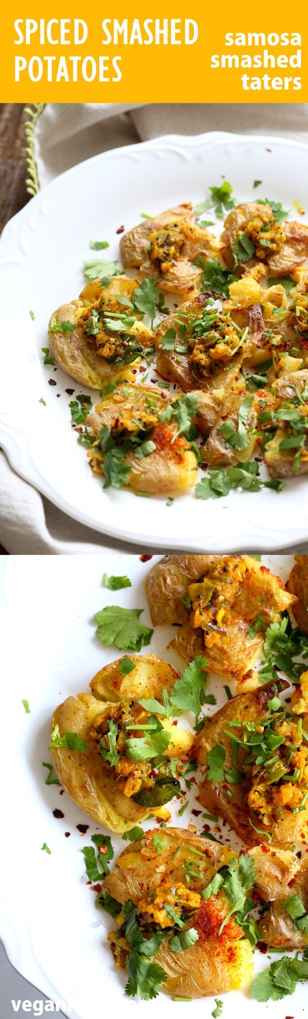 Indian Spiced Smashed Potatoes with Mustard Ginger Tempering. Bonda like Samosa is a spiced potato snack. These smashed potatoes are topped with Bonda style tempering of ginger, chile, turmeric and mustard seeds. Love Indian Snacks Like Samosa or Bonda? Then you will love these. All the flavor, half the work! #Vegan #Glutenfree #veganricha #nutfree #soyfree #Recipe | VeganRicha.com