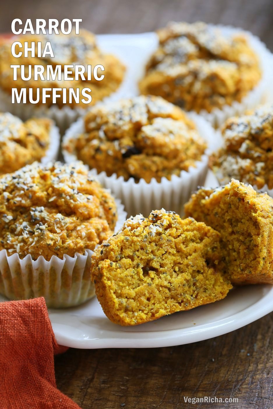 Vegan Turmeric Carrot Muffins. These sunshine muffins have carrots, dry or fresh turmeric, fresh ginger and chia seeds. Coconut rounds up the flavor for a caramelized carrot ginger turmeric profile. Add nuts or dried fruit of choice to these Turmeric muffins. No added sugar or oil needed. #Vegan #Soyfree #Nutfree #Recipe #TurmericCarrotMuffins #VeganRicha Gluten-free option| VeganRicha.com