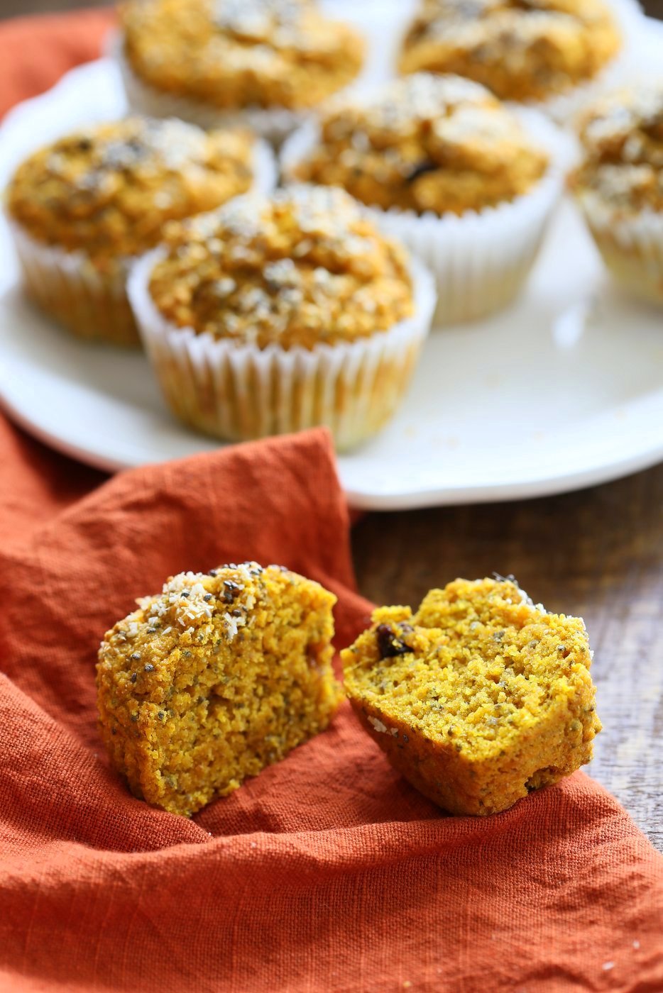 Turmeric Carrot Muffins. These sunshine muffins have carrots, dry or fresh turmeric, fresh ginger and chia seeds. Coconut rounds up the flavor for a caramelized carrot ginger turmeric profile. Add nuts or dried fruit of choice to these Turmeric muffins. No added sugar or oil needed. | VeganRicha.com