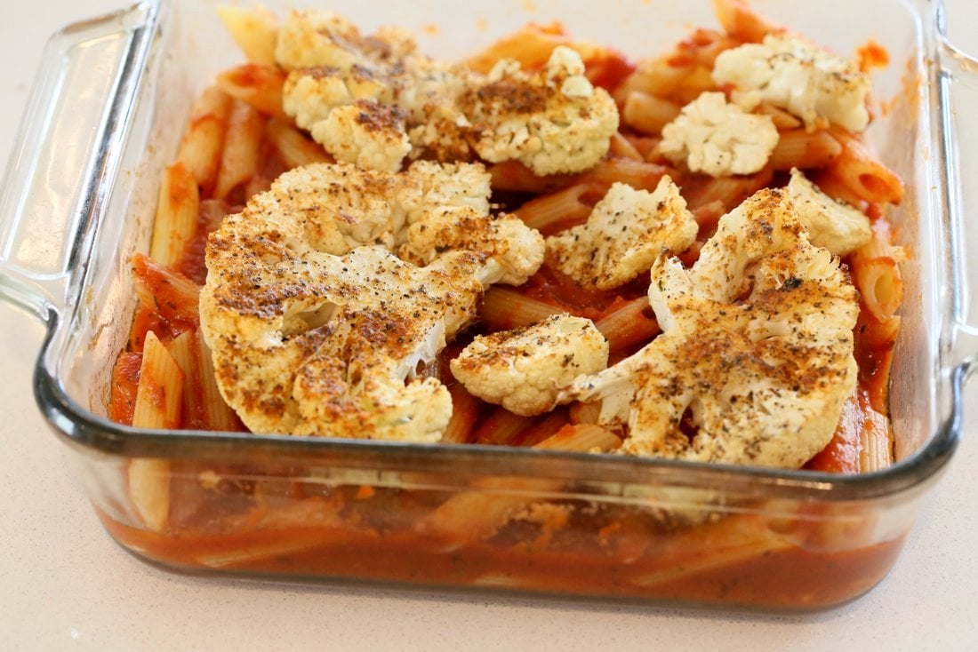 Vegan Cauliflower Parmesan Pasta Bake. Pasta, marinara sauce, Crispy Cauliflower slices coated in breadcrumbs and spices, and vegan mozzarella. Soy-free Recipe. Can be gluten-free | VeganRicha.com