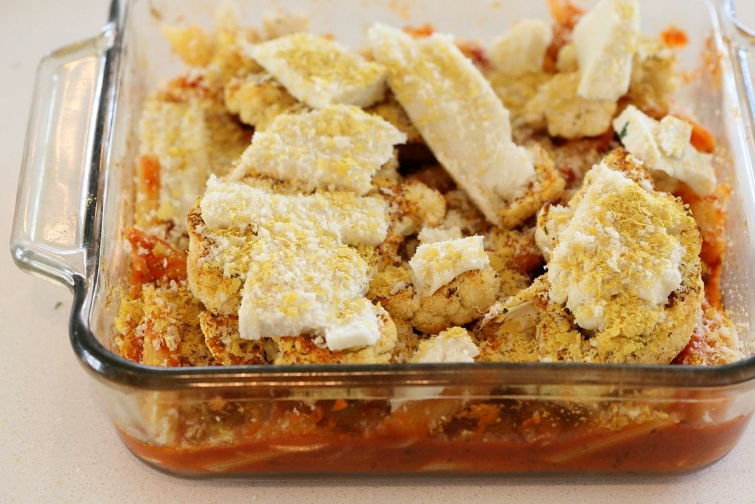 Vegan Cauliflower Parmesan Pasta Bake. Pasta, marinara sauce, Crispy Cauliflower slices coated in breadcrumbs and spices, and vegan mozzarella. Soy-free Recipe. Can be gluten-free | VeganRicha.com
