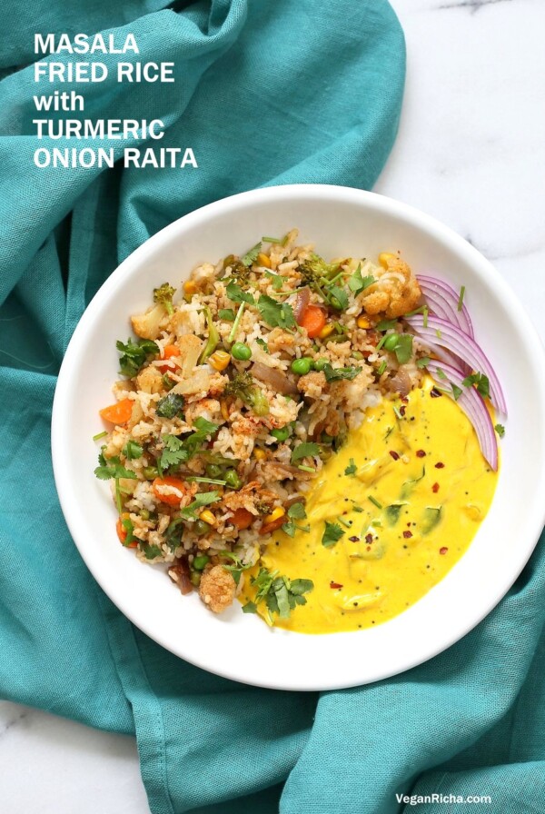Indian Spiced Masala Veggie Fried Rice with Turmeric Onion Raita. Use up the leftover rice or grains to make this quick spiced fried rice and serve with a simple yogurt raita that is spiced with turmeric and mustard seeds. Vegan Gluten-free Soy-free Indian Recipe | VeganRicha.com