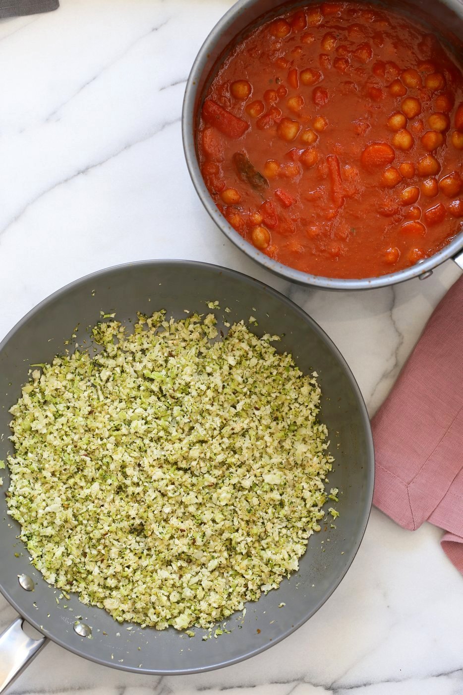 Flavorful Spanish Chickpea Stew with Cumin scented Cauliflower Broccoli Rice. Smoky tomatoey Chickpea Stew can be served over rice or grains or cauliflower or broccoli rice. Vegan Gluten-free Nut-free Grain-free Soy-free Recipe | VeganRicha.com