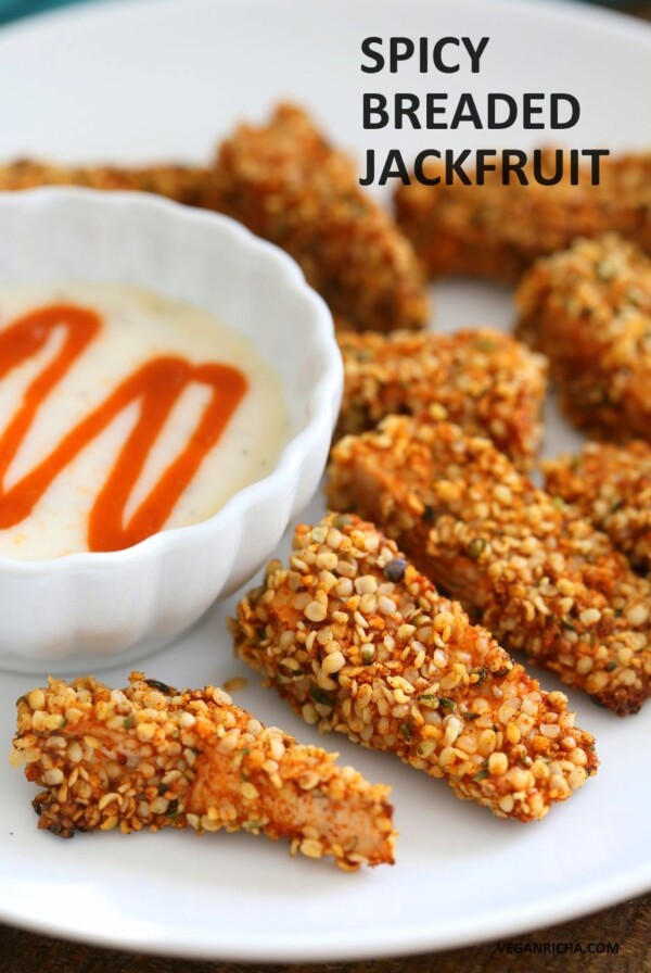 Spicy Hemp Crusted Jackfruit Nuggets. Jackfruit spiced and breaded in hemp and spice mixture and baked. Vegan Gluten-free Soy-free Recipe. | VeganRicha.com