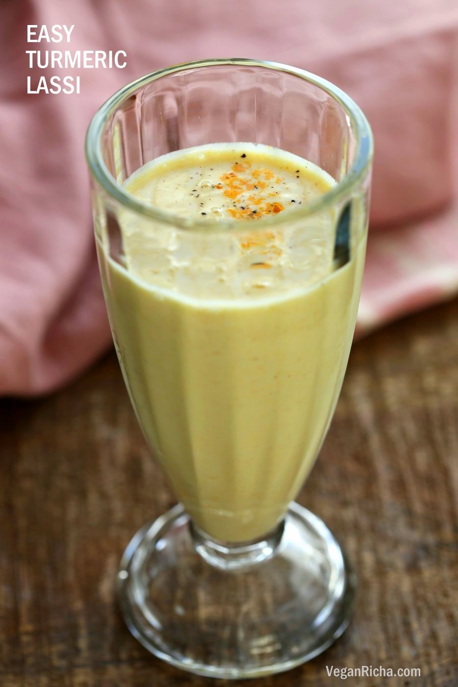 Turmeric Lassi - Golden Yogurt Drink. Lassi is a yogurt based drink served as a beverage in India. This version uses non dairy yogurt turmeric, black pepper and ginger for a cooling Lassi. #Vegan #Glutenfree #soyfree #veganricha #Recipe | VeganRicha.com