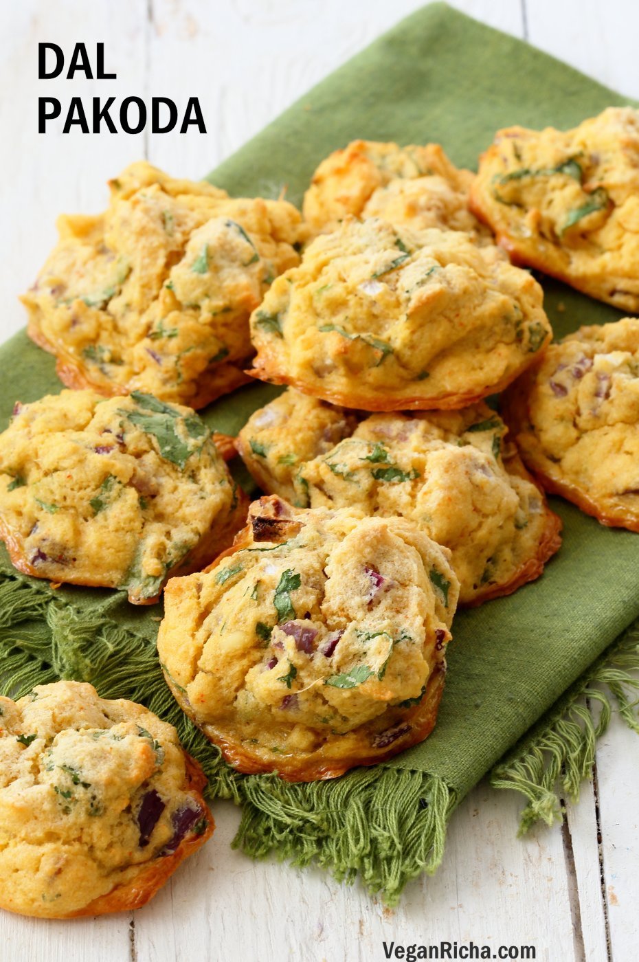 Mung Dal Fritters - Baked Moong Dal Pakoda. Petite yellow lentils (split and skinned mung beans) soaked and blended to a batter to make pakoda/Bhajji with onions and greens. Use red lentils or chickpea flour for variation. Vegan Gluten-free Recipe | VeganRicha.com