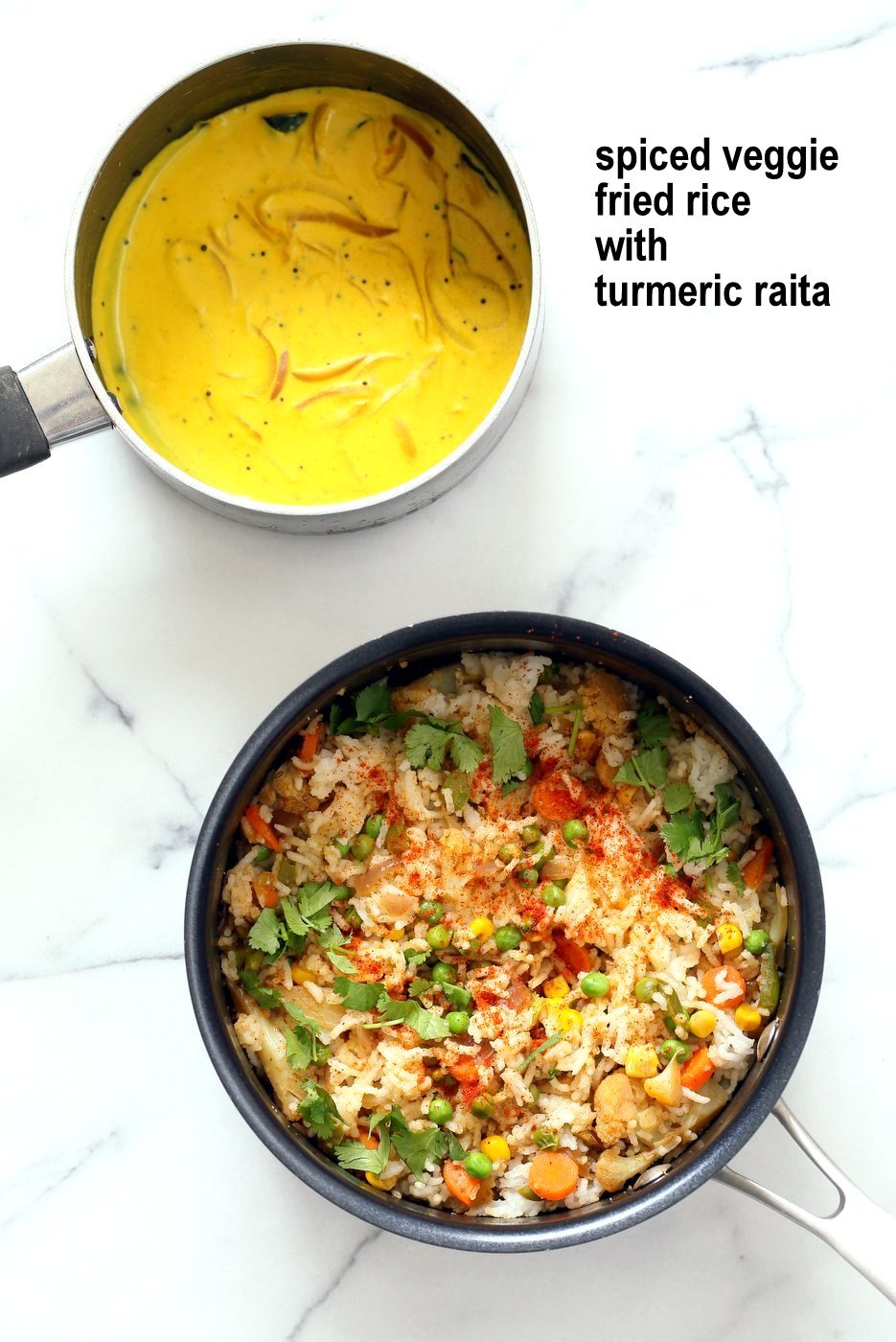 Indian Spiced Masala Veggie Fried Rice with Turmeric Onion Raita. Use up the leftover rice or grains to make this quick spiced fried rice and serve with a simple yogurt raita that is spiced with turmeric and mustard seeds. Vegan Gluten-free Soy-free Indian Recipe | VeganRicha.com
