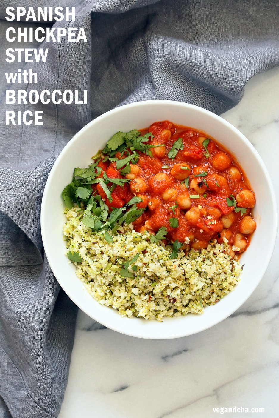 Flavorful Spanish Chickpea Stew with Cumin scented Cauliflower Broccoli Rice. Smoky tomatoey Chickpea Stew can be served over rice or grains or cauliflower or broccoli rice. Vegan Gluten-free Nut-free Grain-free Soy-free Recipe | VeganRicha.com