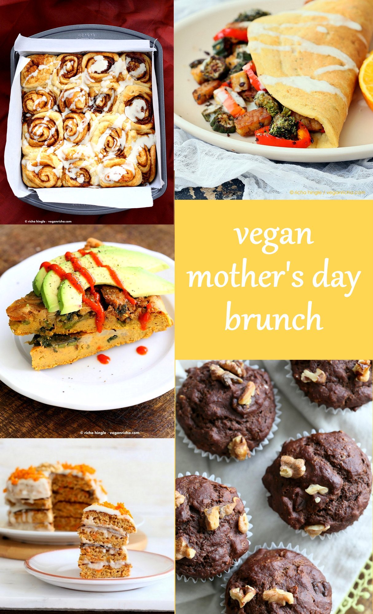 Vegan Mother's Day Recipes. Vegan Mother's Day Brunch Ideas. Cinnamon Rolls, Pancakes, Frittata, Scrambles, Stuffed French Toasts, Muffins and more vegan breakfast brunch recipes for Mother's Day. Gluten-free Options.