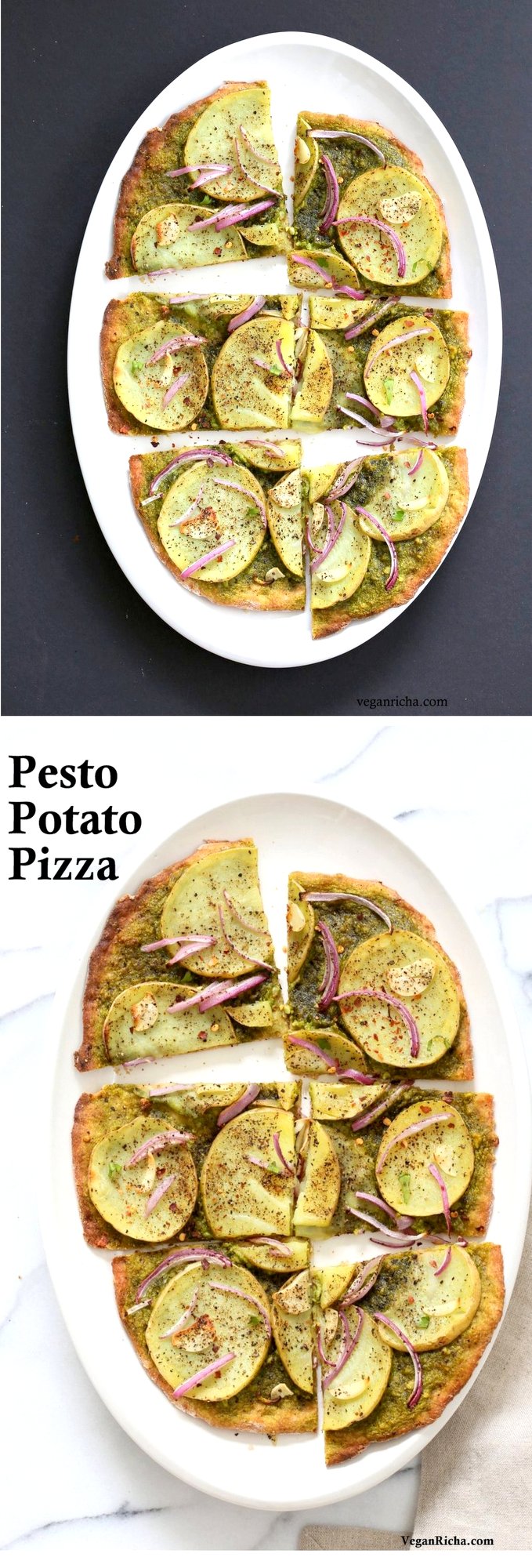 Easy Potato Pesto Pizza with 20 min Thin Crust. Basil Spinach Pesto makes for a refreshing Pizza base topping with thin potato slices, onion and garlic. Vegan Pesto Pizza Bake or make on the grill. Vegan Soyfree Recipe. | VeganRicha.com