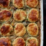 close-up of masala vegetable pot pie in the baking dish