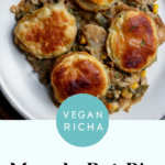 masala vegetable pot pie on a plate, text overlay