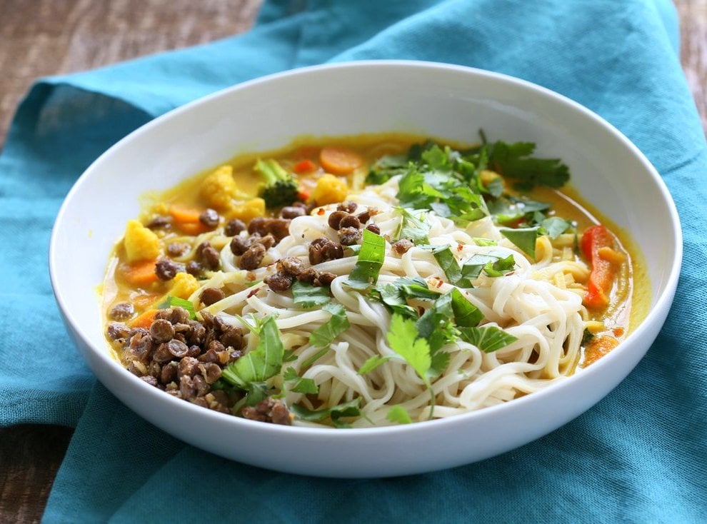 Curry Ramen with Miso Lentils Recipe. Spicy Curry flavored broth, vegetables, noodles, cilantro, basil and maple miso pepper lentils make this a must make vegan ramen. Vegan Gluten-free Soy-free Recipe | VeganRicha.com
