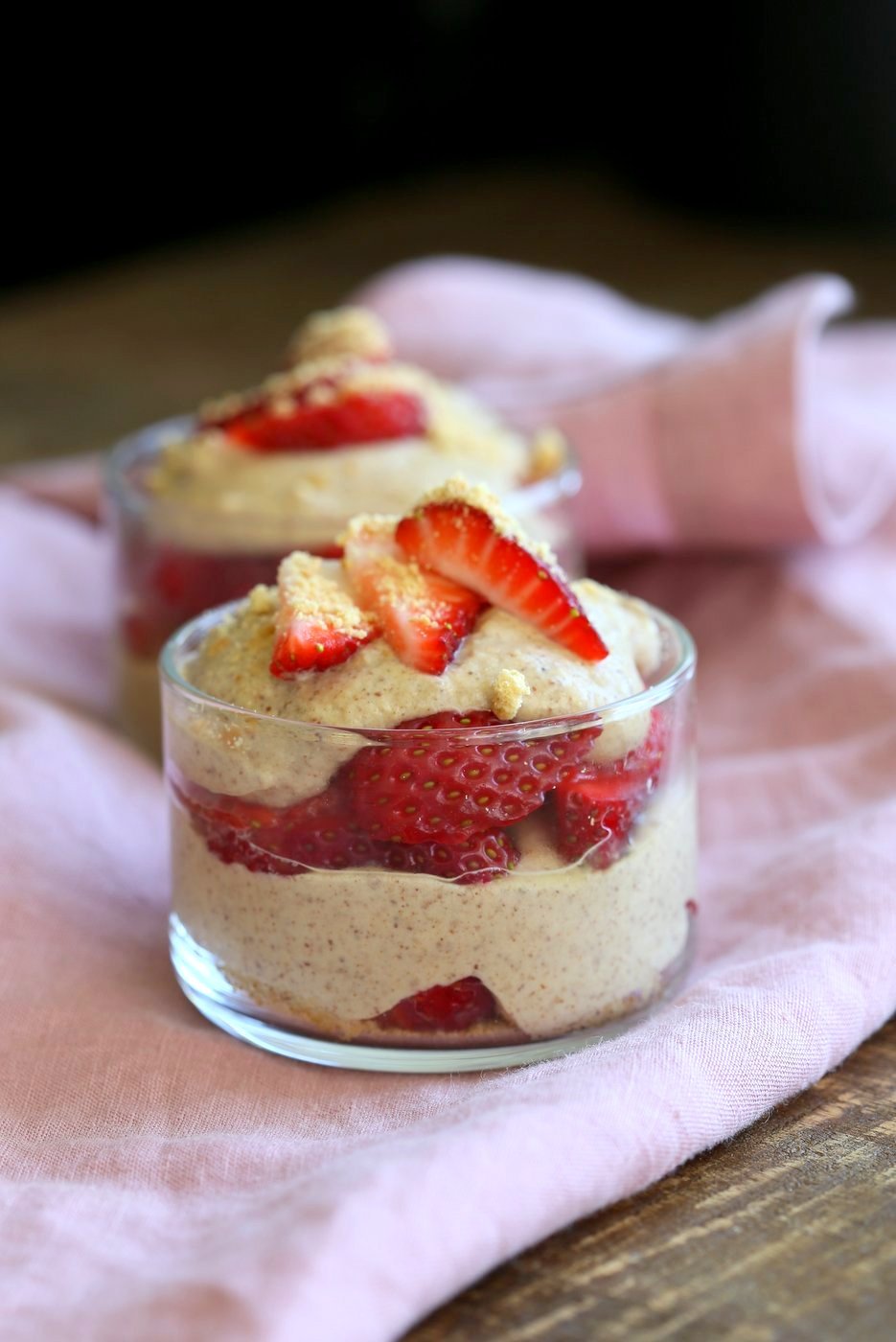 Almond Butter Mousse Strawberry Parfaits. Almond or peanut butter thickened into a mousse and layered with strawberries. 6 Ingredient PB & J parfaits. Vegan, Gluten-free, Grain-free Recipe. | VeganRicha.com