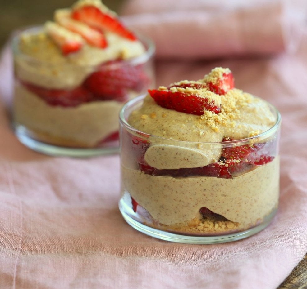 Almond Butter Mousse Strawberry Parfaits. Almond or peanut butter thickened into a mousse and layered with strawberries. PB & J parfaits. Vegan, Gluten-free, Grain-free Recipe. | VeganRicha.com