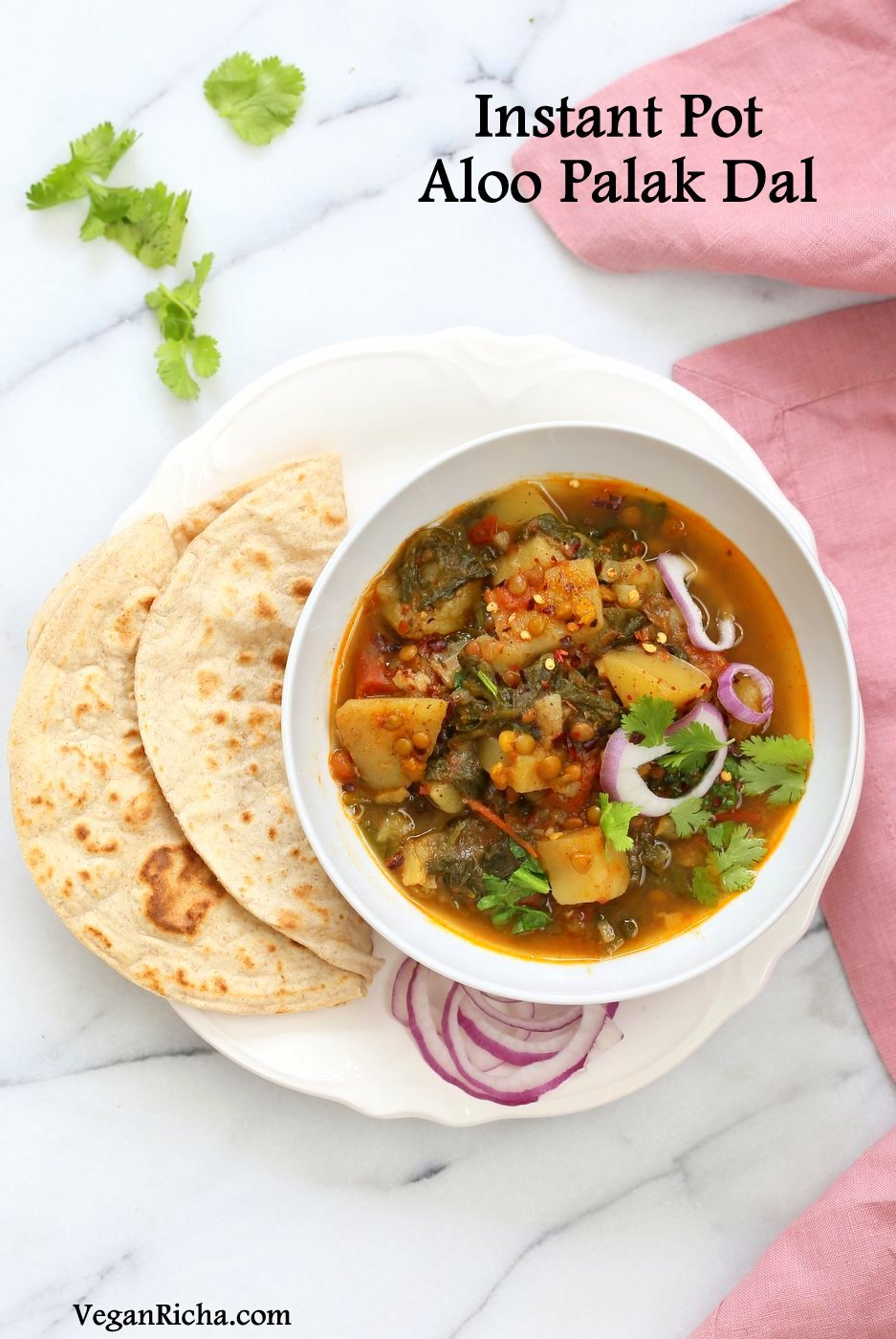 Instant Pot Aloo Palak Dal. Spiced Potato Spinach Lentils made in a pressure cooker or Instant Pot. Saucepan option. Vegan Gluten-free Soy-free Nut-free Recipe | VeganRicha.com