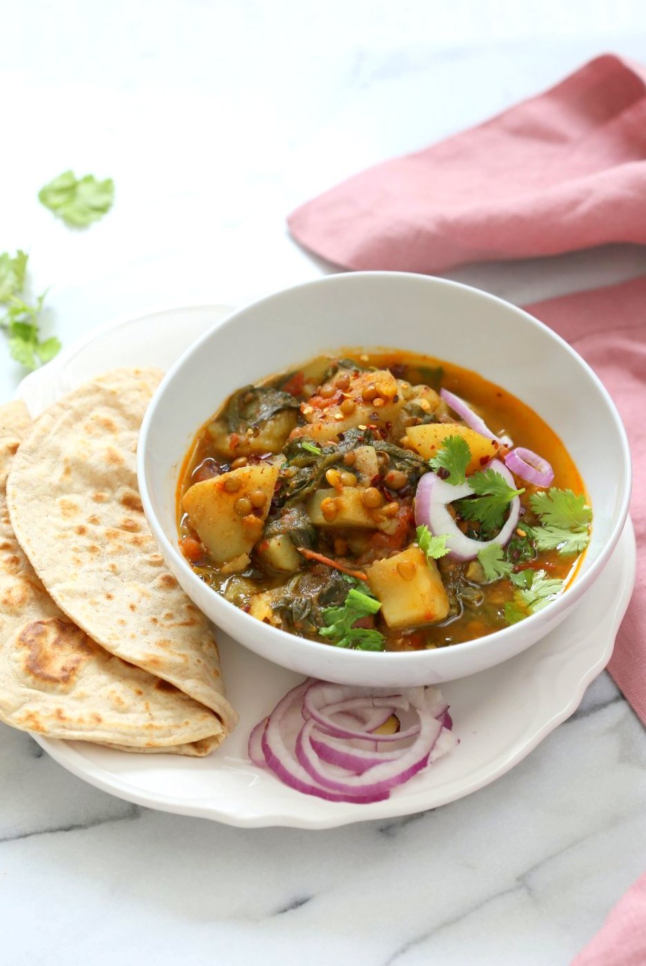 Instant Pot Aloo Palak Dal. Spiced Potato Spinach Lentils made in a pressure cooker or Instant Pot. Saucepan option. Vegan Gluten-free Soy-free Nut-free Recipe | VeganRicha.com