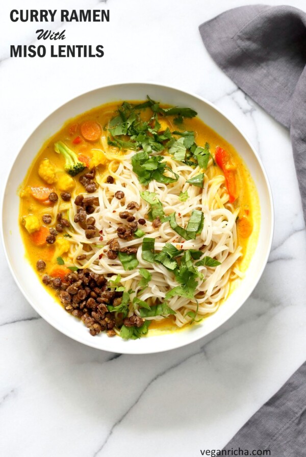 Curry Ramen with Miso Lentils Recipe. Spicy Curry flavored broth, vegetables, noodles, cilantro, basil and maple miso pepper lentils make this a must make vegan ramen. Vegan Gluten-free Soy-free Recipe | VeganRicha.com