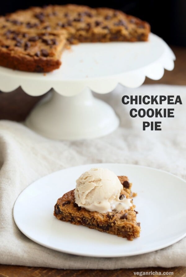 Peanut Butter Chickpea Cookie Pie. Chickpea Peanut Butter Cookies. Deep dish Cookie Pie. Fudgy Chocolate Chip Chickpea Cookie Pie Recipe. Vegan Gluten-free Soy-free Recipe | VeganRicha.com