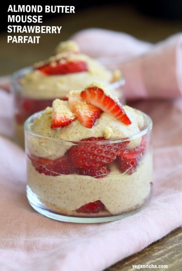 Almond Butter Mousse Strawberry Parfaits. Almond or peanut butter thickened into a mousse and layered with strawberries. PB & J parfaits. Vegan, Gluten-free, Grain-free Recipe. | VeganRicha.com