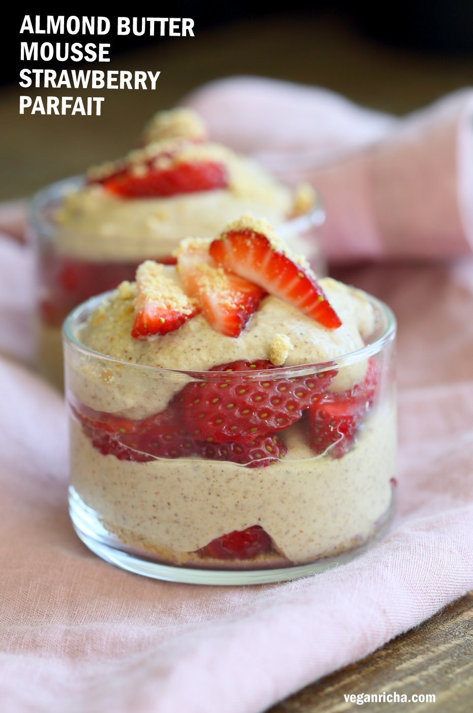 Almond Butter Mousse Strawberry Parfaits. Almond or peanut butter thickened into a peanut butter mousse and layered with strawberries or chocolate. 6 Ingredient PB & J parfaits. 6 Ingredients. Vegan, Gluten-free, Grain-free Recipe. | VeganRicha.com