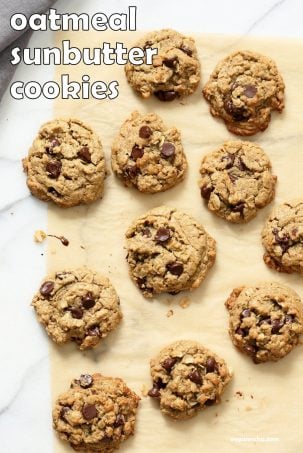 Oatmeal Chocolate Chip Sunbutter Cookies. Cinnamony Sunflower seed butter Oatmeal Cookies. These Soft Cookies come together really quickly and make a great snack or treat. Vegan Nut-free Recipe. Can be Gluten-free | VeganRicha.com