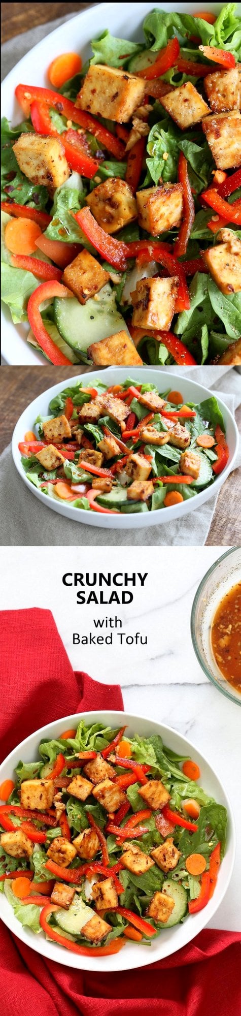 Crunchy Asian Salad With Baked Tofu & Garlic Soy Maple Dressing. Marinated and Baked Tofu over Crunchy Greens, peppers and carrots. #Vegan #Glutenfree #Recipe #nutfree #veganricha | VeganRicha.com