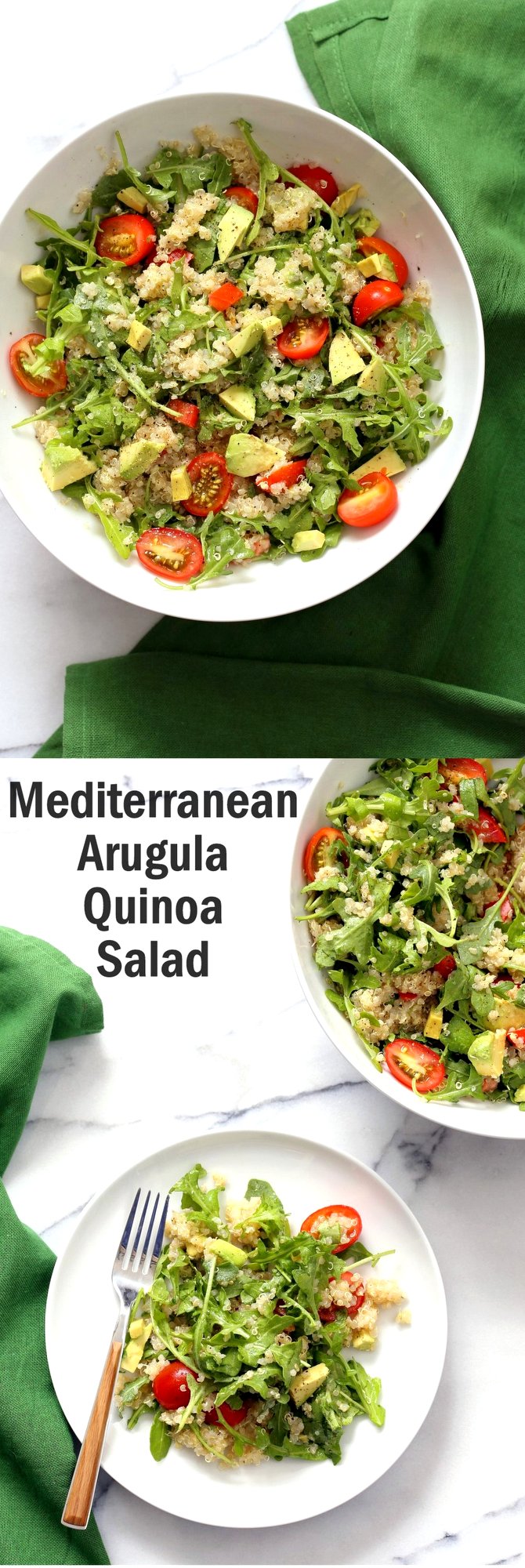 Vegan Mediterranean Quinoa Salad with Arugula, Avocado and Lemon Oregano Olive oil dressing. The Lemon Garlic Dressing brightens up this Summery Quinoa Salad. Perfect to make ahead and serve at Picnics. #Vegan #Glutenfree #Nutfree #Soyfree #Recipe #veganricha | VeganRicha.com
