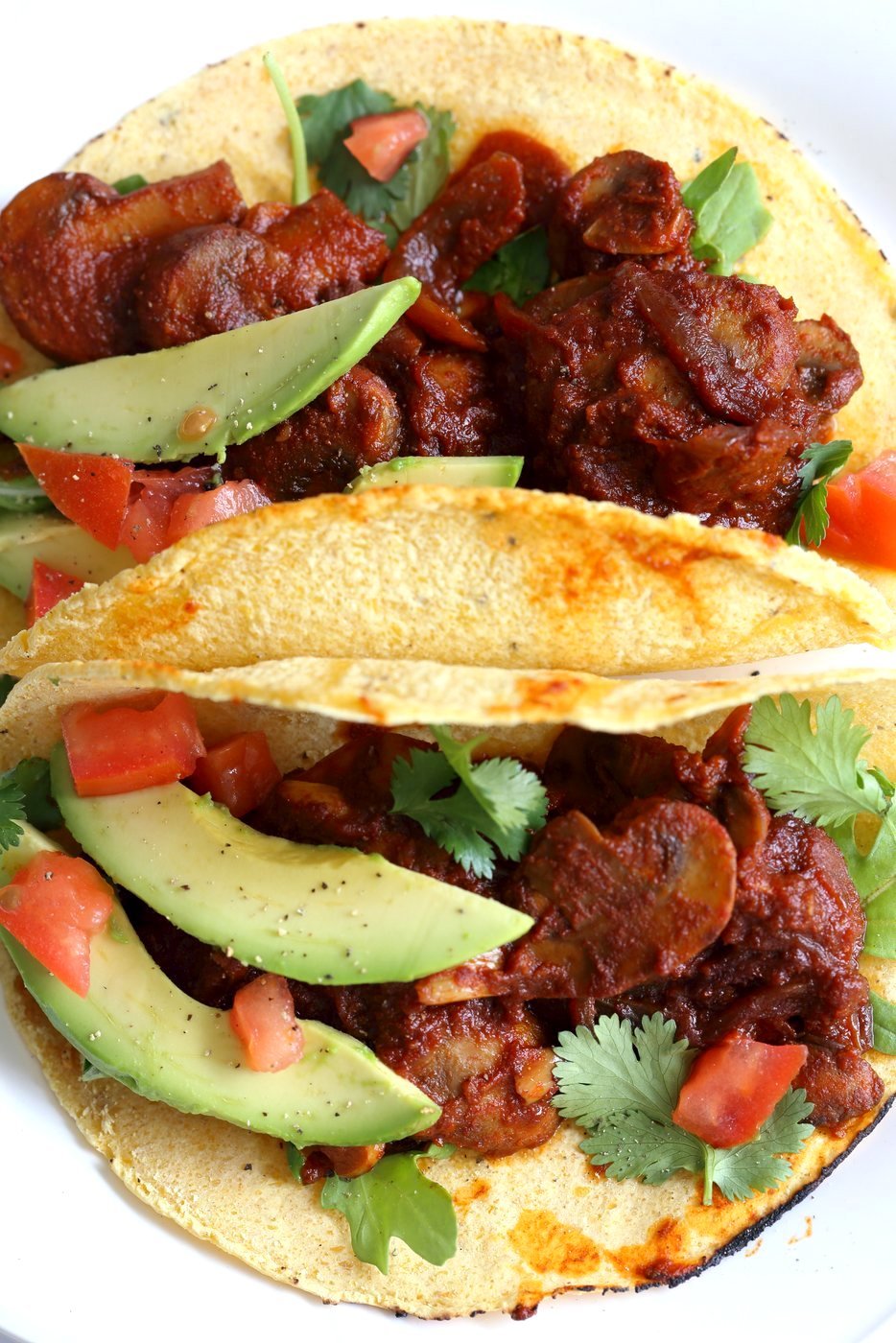 Vegan Barbacoa Mushroom Tacos . These saucy Barbacoa Tacos are super easy and versatile. Use the from scratch chile sauce with beans, lentils or other shredded vegetables for variation. #Vegan Barbacoa Recipe. #Glutenfree #Nutfree #soyfree #Recipe #veganricha | Vegan Richa