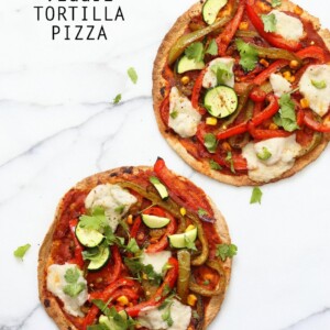 Easy Baked or Grilled Vegetable Fajitas Tortilla Pizza. Toss the peppers, corn and veggies in smoky Fajita Seasoning, then grill with vegan cheese. Top with salsa or other toppings. Vegan Soyfree Recipe. Easily Glutenfree | VeganRicha.com