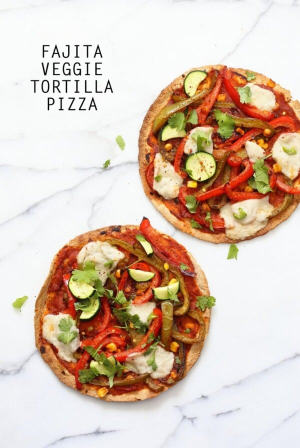 Easy Baked or Grilled Vegetable Fajitas Tortilla Pizza. Toss the peppers, corn and veggies in smoky Fajita Seasoning, then grill with vegan cheese. Top with salsa or other toppings. Vegan Soyfree Recipe. Easily Glutenfree | VeganRicha.com