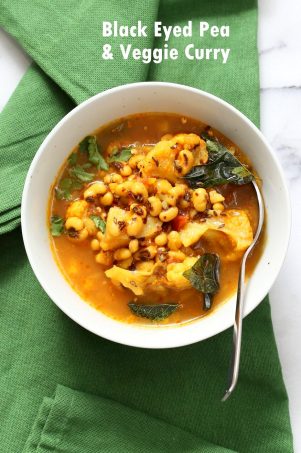 This coconutty Black Eyed Pea stew with Cauliflower and Potatoes is hearty and delicious. Instant Pot Black Eyed Pea Curry with vegetables. Sauepan Option. Vegetarian Black Eyed Peas Recipe | VeganRicha.com #glutenfree #veganricha #vegan