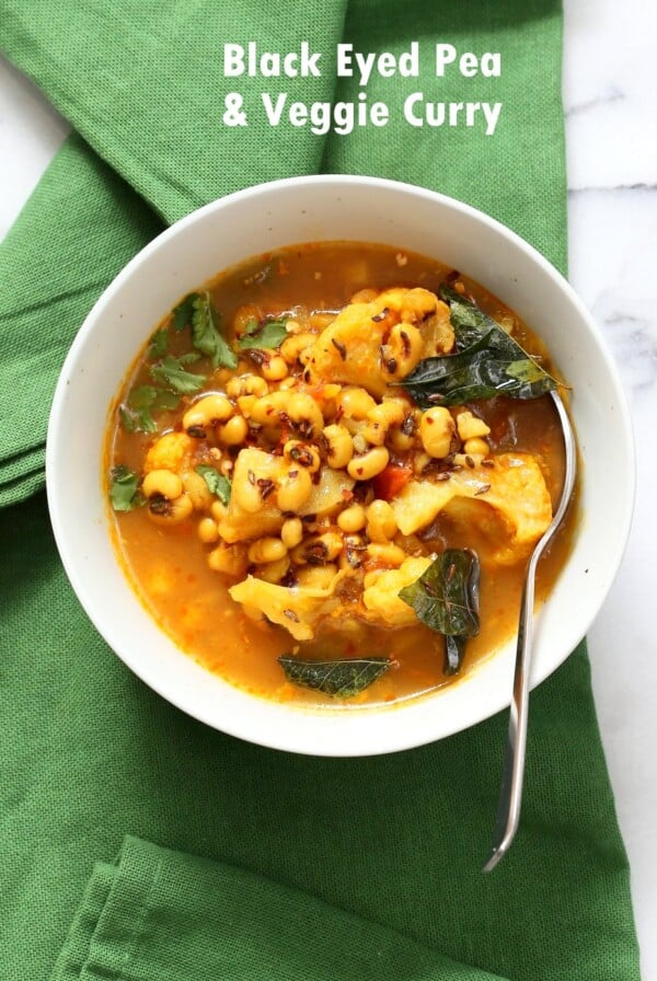 This coconutty Black Eyed Pea stew with Cauliflower and Potatoes is hearty and delicious. Instant Pot Black Eyed Pea Curry with vegetables. Sauepan Option. Vegetarian Black Eyed Peas Recipe | VeganRicha.com #glutenfree #veganricha #vegan