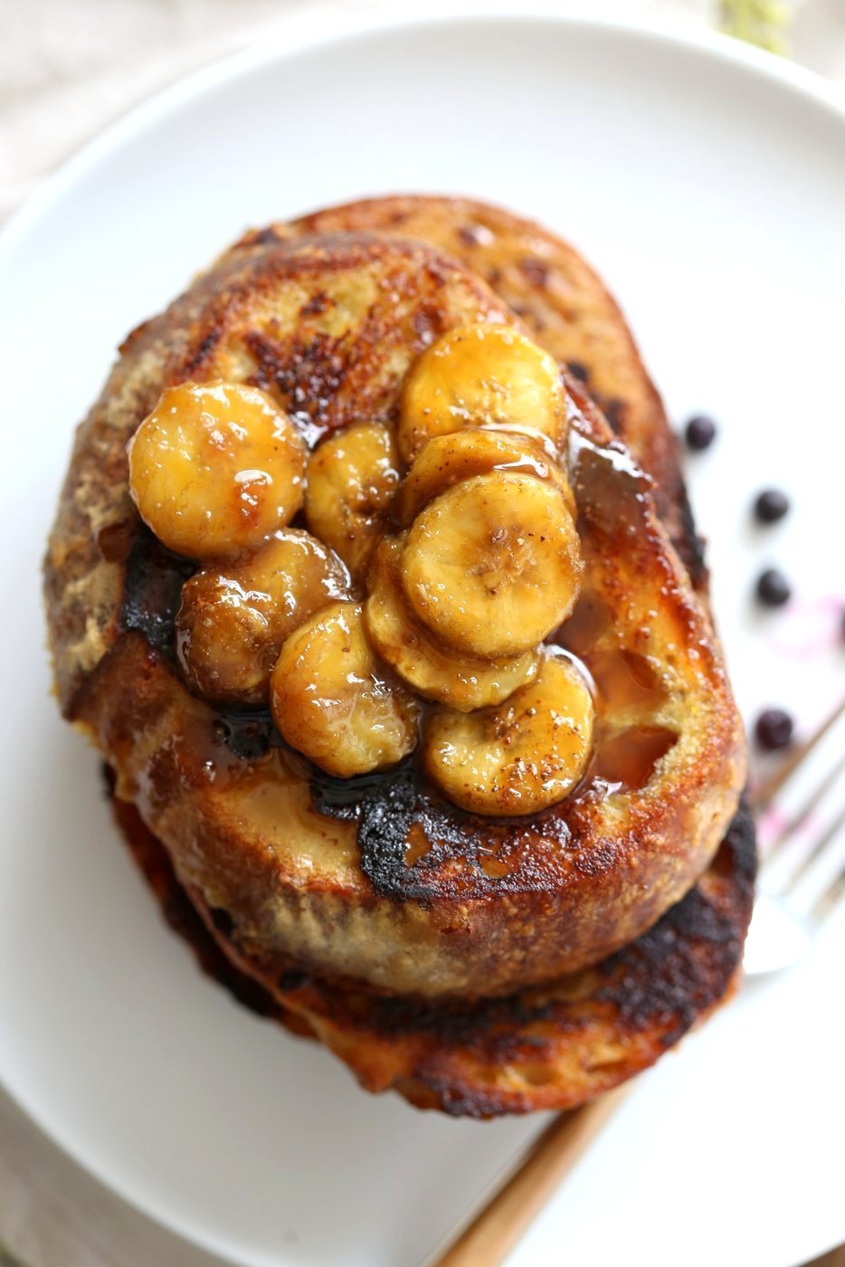 Vegan Banana French Toast. Vegan French Toast with Caramelized bananas. Banana and non dairy milk make up the french toast batter. Cooked French toast is served with caramelized Bananas, maple and vegan butter. Vegan Nut-free Recipe. | VeganRicha.com