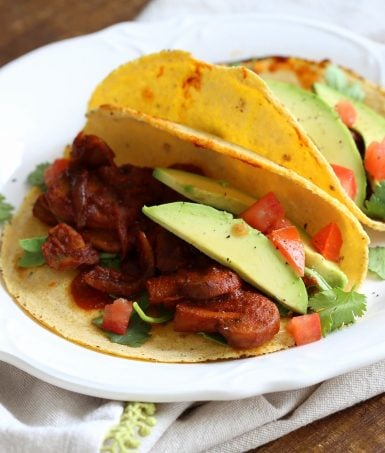 Vegan Barbacoa Mushroom Tacos . This Barbacoa Sauce is super easy and versatile. Use it with beans, lentils or other shredded vegetables for variation. Vegan Barbacoa Recipe. Gluten-free Nut-free Recipe | VeganRicha.com