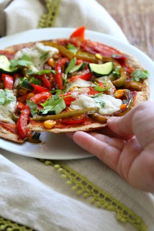Easy Baked or Grilled Vegetable Fajitas Tortilla Pizza. Toss the peppers, corn and veggies in smoky Fajita Seasoning, then grill with vegan cheese. Top with salsa or other toppings. Vegan Soyfree Recipe. Easily Glutenfree | VeganRicha.com