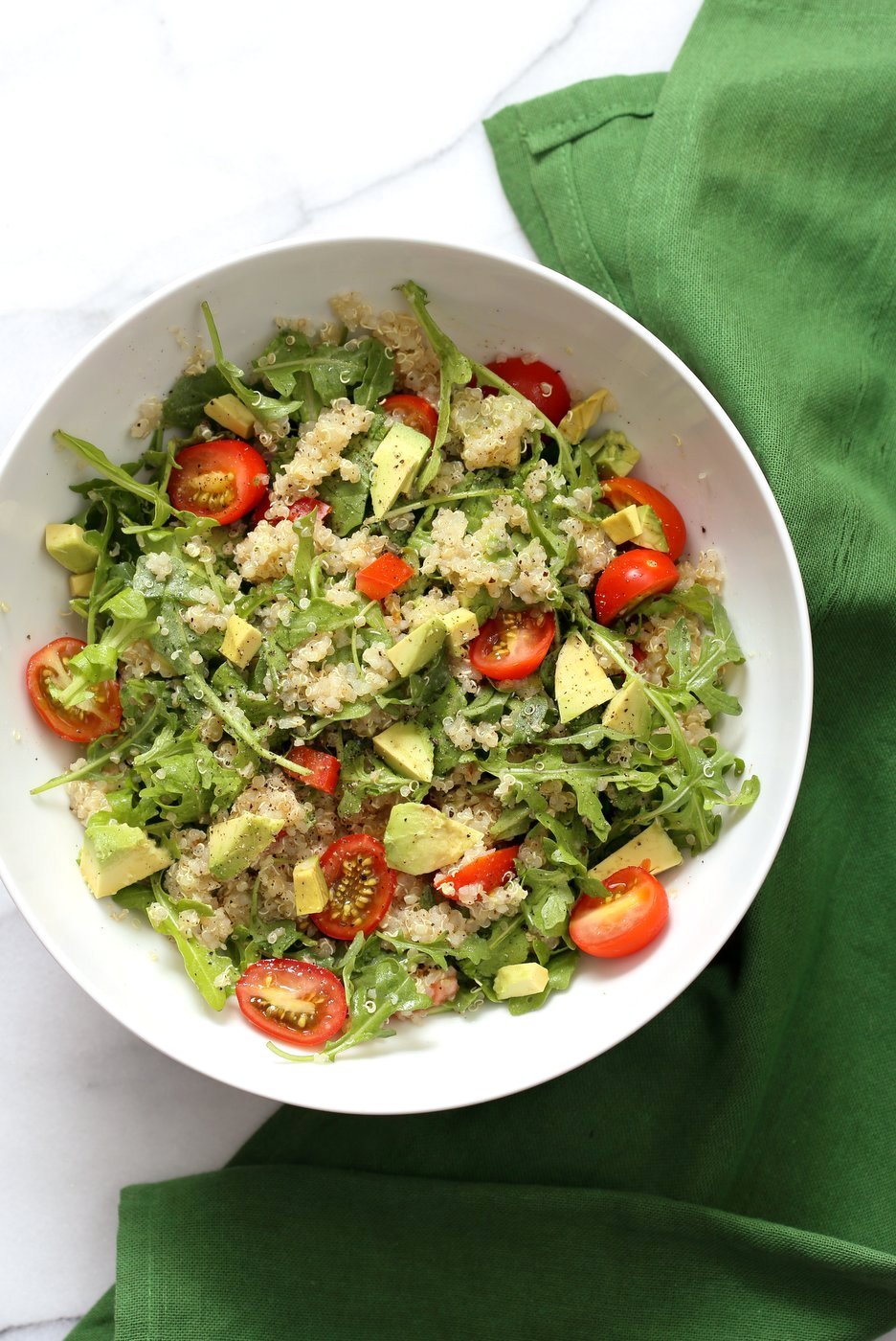 Mediterranean Quinoa Salad with Arugula, Avocado and Lemon Oregano Olive oil dressing. The Mediterranean Lemon Oregano Dressing brightens up this Summery Quinoa Salad. Perfect to make ahead and serve at Picnics. Vegan Gluten-free, Nut-free Soy-free Recipe | VeganRicha.com