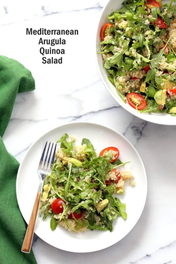 Vegan Mediterranean Quinoa Salad with Arugula, Avocado and Lemon Oregano Olive oil dressing. The Mediterranean Lemon Oregano Dressing brightens up this Summery Quinoa Salad. Perfect to make ahead and serve at Picnics. Vegan Gluten-free, Nut-free Soy-free Recipe | VeganRicha.com