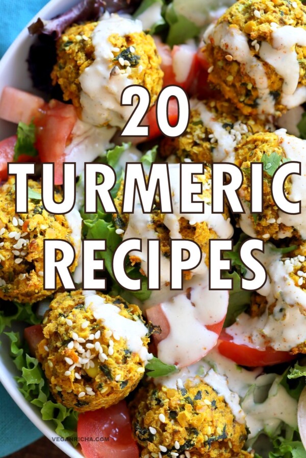 20 Recipes with Turmeric. Turmeric Cauliflower Rice, Turmeric Chocolate Marble Loaf, Golden Iced Tea, Turmeric Miso Soup, Turmeric brussels spouts and more. Vegan Gluten-free Turmeric Recipes. Soy-free options. VeganRicha.com