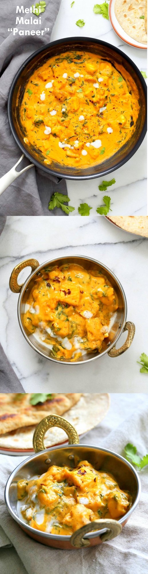 Methi Malai Paneer made vegan with Tofu and cashews. Easy Weeknight Restaurant style Indian main. Serve over Naan or rice. #Vegan #Glutenfree #Recipe. #veganricha Soy-free option | VeganRicha.com