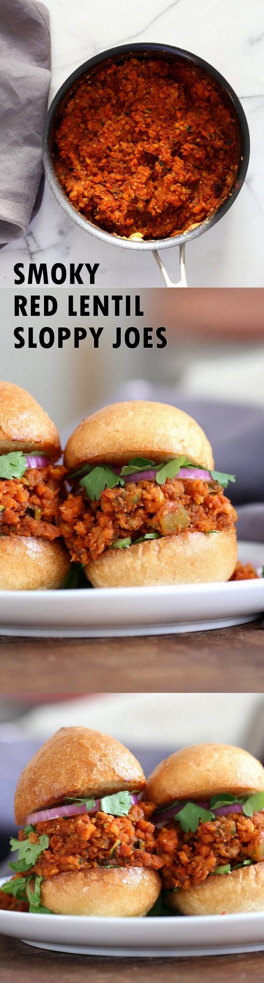 Smoky Vegan Sloppy Joes with Cajun Spices. Easy Red Lentil Carrot Zucchini Sloppy mix. Serve between soft buns, dinner rolls, pita pockets or tacos. Vegan Nut-free Recipe. Soy free option. Easily Gluten-free. | VeganRicha.com