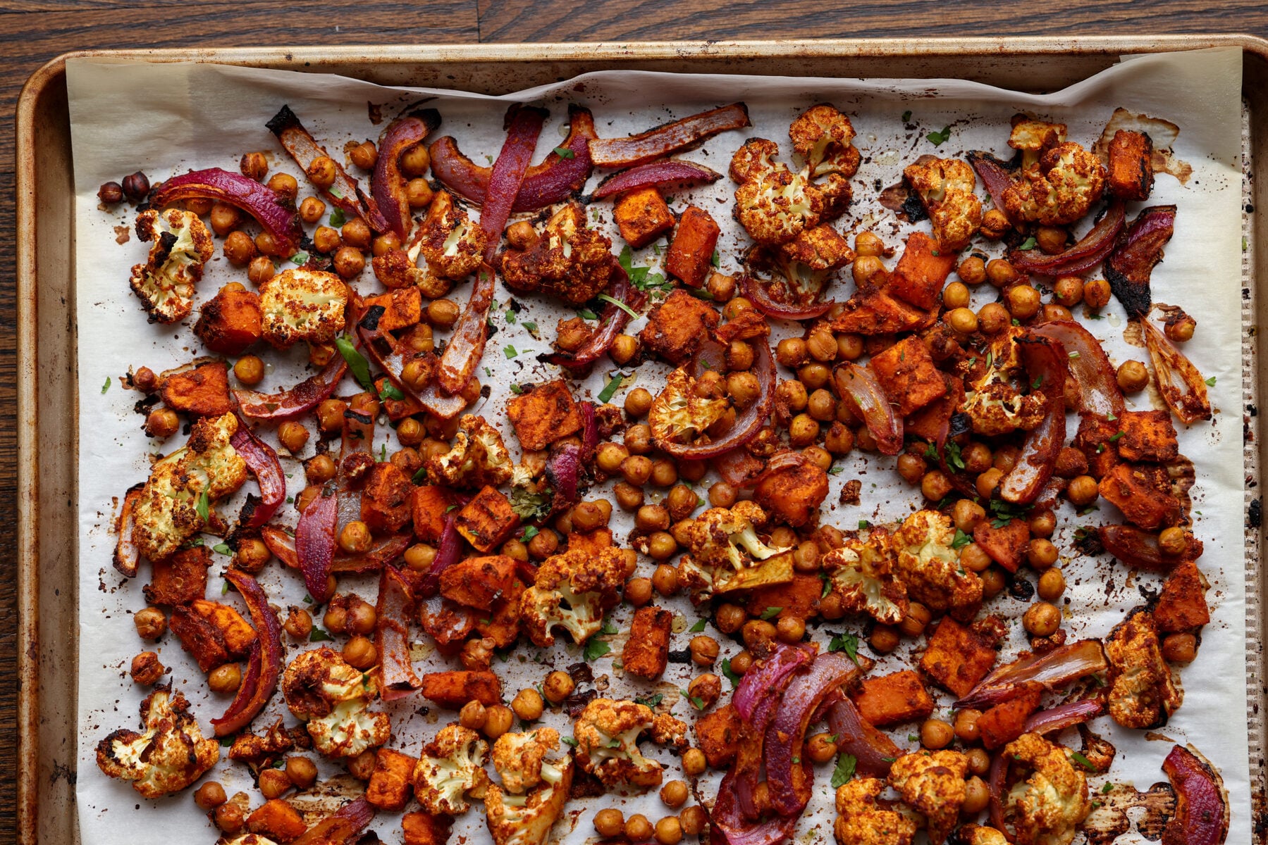 sheet pan cauliflower and sweet potato after baking