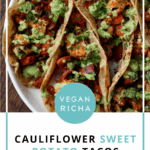 cauliflower and sweet potato tacos, text overlay