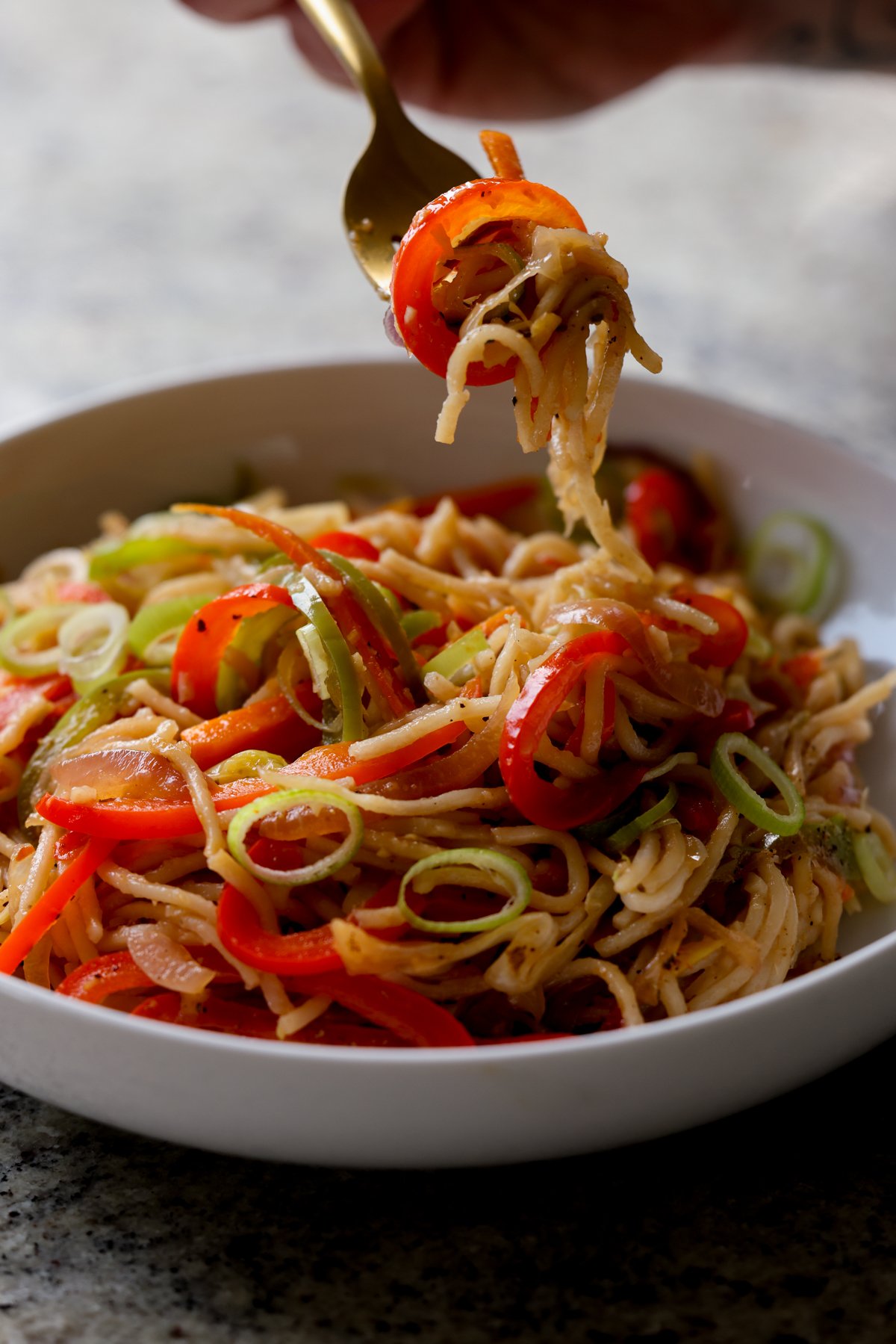 fork taking a bite from a bowl of Hakka noodles