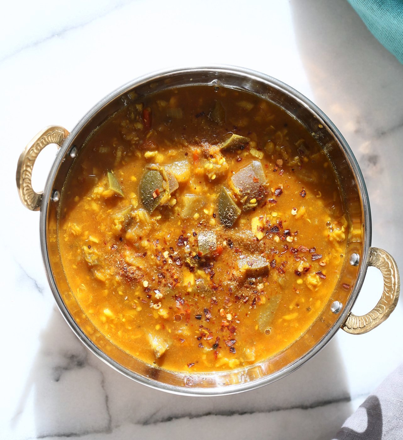 Eggplant Sambar Recipe - Indian Yellow Lentil Tamarind Dal. Toor Dal Sambar with Eggplant or other seasonal veggies. Instant Pot or Saucepan Vegan Gluten-free Soy-free Nut-free Recipe | VeganRicha.com