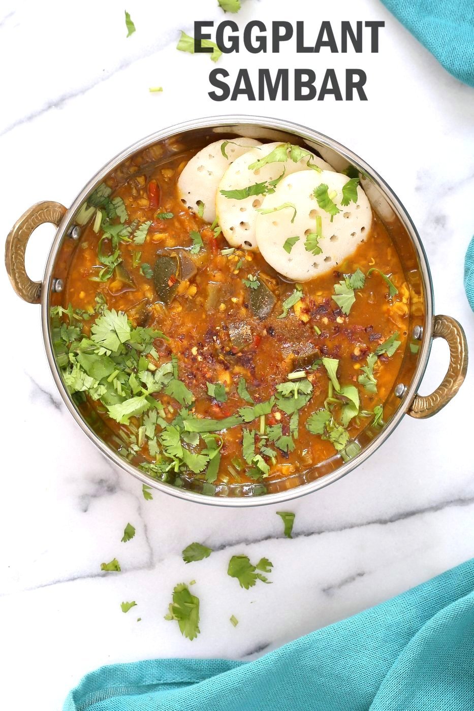 Eggplant Sambar Recipe - Indian Yellow Lentil Tamarind Dal. Toor Dal Sambar with Eggplant or other seasonal veggies. Instant Pot or Saucepan Vegan Gluten-free Soy-free Nut-free Recipe | VeganRicha.com